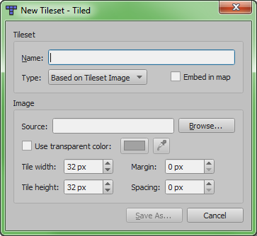 Settings for importing a tileset
